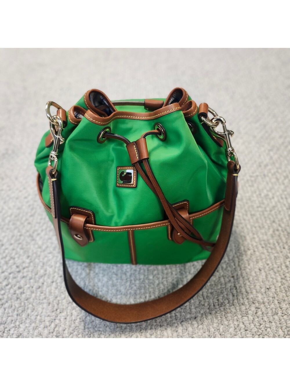 Dooney & Bourke Green Nylon Drawstring Shoulder Bag with Brown Leather Trim